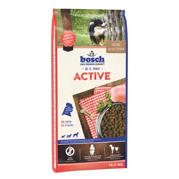 Bosch Active Hundefutterbeutel, 15 kg, mit einem Hund auf der Vorderseite, mit Text, der 25 % Protein, 16 % Fett und Vorteile des Immun-Komplexes hervorhebt.