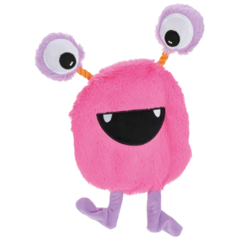 Rosa-lila Plüschmonster-Haustierspielzeug mit zwei großen Augen auf Stielen und einem breiten schwarzen Mund mit weißen Zähnen.