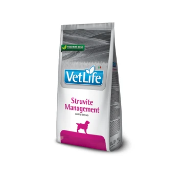 VetLife Struvite Management Hundefuttertüte mit einer Silhouette eines Hundes, beschriftet als "Futter für Hunde" und "canine formula."