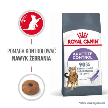 Torba karmy dla kotów Royal Canin Appetite Control z grafiką kota i tekstem: "90% właścicieli zgłosiło kontrolowane żebranie w ciągu 4 tygodni."
