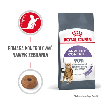 Torba karmy dla kotów Royal Canin Appetite Control z grafiką kota i tekstem: "90% właścicieli zgłosiło kontrolowane żebranie w ciągu 4 tygodni."