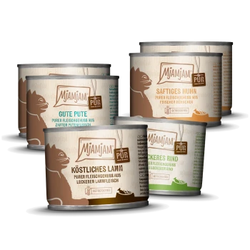 Dosen mit Mjamjam-Hundefutter mit den Geschmacksrichtungen: Gute Pute (Truthahn), Saftiges Huhn (Huhn), Köstliches Lamm (Lamm) und Leckeres Rind (Rind).