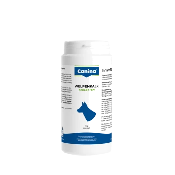 Weiße Canina‑Flasche mit Aufschrift „Canina WELPENKALK TABLETTEN“, blauem Hundesilhouette und „Für Hunde“.