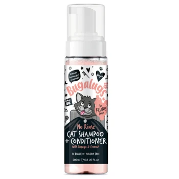 Shampoo und Conditioner für Katzen ohne Ausspülen von Bugalugs, mit einer Cartoon-Katze, mit Papaya und Kokosnuss, 200 ml, vegan, parabenfrei.