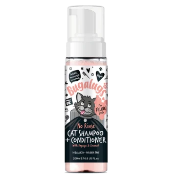 Shampoo und Conditioner für Katzen ohne Ausspülen von Bugalugs, mit einer Cartoon-Katze, mit Papaya und Kokosnuss, 200 ml, vegan, parabenfrei.