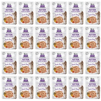Wiele saszetek Brit Care Kitten Fillets w sosie, z delikatnym indykiem, ułożonym w wzór siatki.