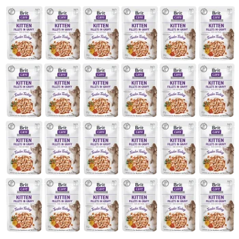 Mehrere Beutel Brit Care Kittenfilets in Soße mit zartem Truthahn, angeordnet in einem Gittermuster.