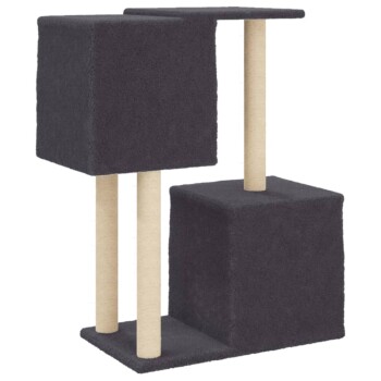 Grauer Katzenbaum mit zwei Plattformen und drei mit Sisal umwickelten Kratzpfosten. Ideal zum Klettern und Kratzen.