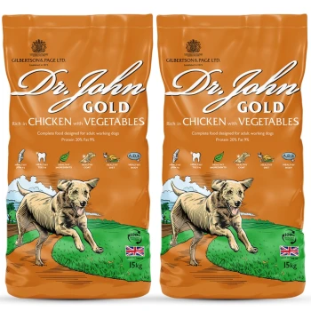 Gold Trockenfutter Huhn und Gemüse 2x15 kg Zwei Beutel Dr. John Gold Hundefutter, reich an Huhn und Gemüse, mit einer Illustration eines laufenden Hundes, jeweils 15 kg, mit Nährwertangaben.