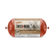 Emballage en forme de saucisse rouge de nourriture pour chien DeliBest Swiss Menu, étiqueté "Lamm-Menü mit Reis," avec deux chiens et des détails sur les ingrédients.