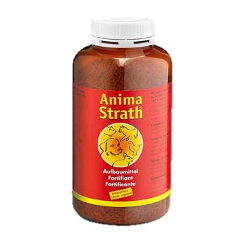 Anima Strath Aufbaumittel Granulat 500 g Flasche Anima Strath, ein Nahrungsergänzungsmittel für Haustiere, mit einem roten Etikett mit einem gelben Tiergrafik und Text in Deutsch und Englisch.