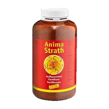 Flasche Anima Strath, ein Nahrungsergänzungsmittel für Haustiere, mit einem roten Etikett mit einem gelben Tiergrafik und Text in Deutsch und Englisch.