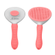 Eine doppelseitige Haustierpflegebürste mit einem rosa Griff, mit einer glatten Seite und einer Borstenseite, beschriftet mit 'Petsation.'