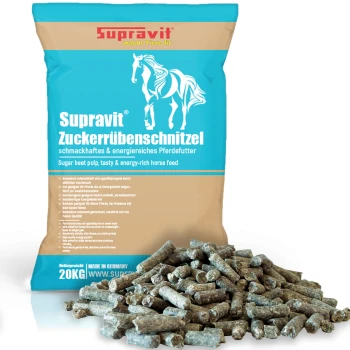 Blau-beiger 20 kg Sack Supravit Zuckerrübenschnitzel Pferdefutter mit Pferdeillustration und Produktdetails.