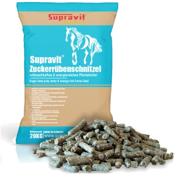 Blau-beiger 20 kg Sack Supravit Zuckerrübenschnitzel Pferdefutter mit Pferdeillustration und Produktdetails.