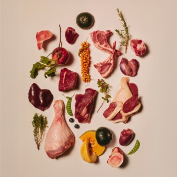 Arrangement à plat de viandes et d'organes crus avec cuisse de volaille, herbes, tranches de courge et pois sur fond beige