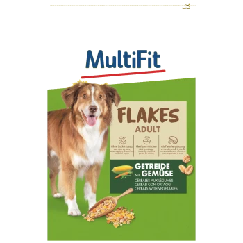 Nourriture pour chiens MultiFit Flakes Adult avec céréales et légumes, sans sucres ajoutés, idéale pour mélanger et comme complément de viande.