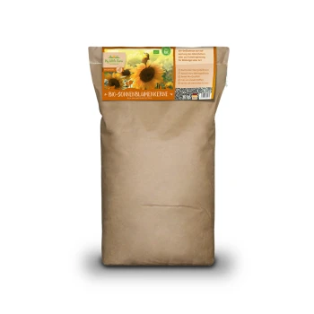 Braune Papiertüte mit biologischen Sonnenblumenkernen für Haustiere, beschriftet mit "Bio-Sonnenblumenkerne" mit einer Sonnenblumen-Grafik und Produktdetails.