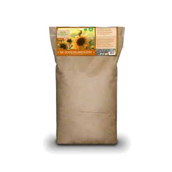 Braune Papiertüte mit biologischen Sonnenblumenkernen für Haustiere, beschriftet mit "Bio-Sonnenblumenkerne" mit einer Sonnenblumen-Grafik und Produktdetails.