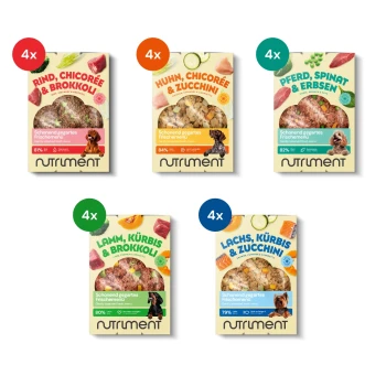 Fünf Pakete Hundefutter von Nutriment, mit Geschmacksrichtungen wie Rind, Huhn, Pferd, Lamm und Lachs, mit sichtbaren Nährwertprozenten.