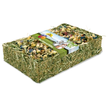 Ein rechteckiger Block aus gemischtem Heu und getrockneten Blumen für kleine Haustiere, mit einem bunten Etikett, das ein Cartoon-Tier und "Hübsche Salat in Blüten" zeigt.