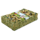Ein rechteckiger Block aus gemischtem Heu und getrockneten Blumen für kleine Haustiere, mit einem bunten Etikett, das ein Cartoon-Tier und "Hübsche Salat in Blüten" zeigt.