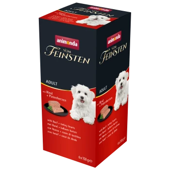 Emballage pour nourriture pour chiens Animonda Vom Feinsten, présentant un chien blanc, avec un texte indiquant qu'il contient des cœurs de bœuf et de dinde, 6 x 150g.