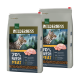 Deux sacs de nourriture pour chats étiquetés "Wilderness Adult" présentant un chat tigré et un arrière-plan forestier, mettant en avant "70% Fresh Meat" et "Huhn" (poulet).