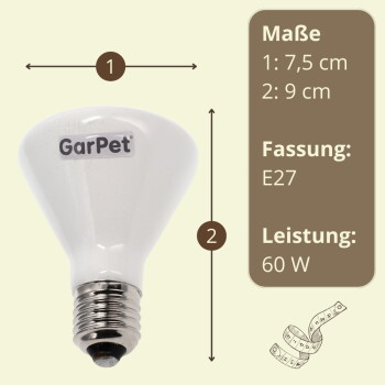 Weißer GarPet‑Reflektorstrahler, E27‑Schraubfassung, 60 W; Maße 1: 7,5 cm, 2: 9 cm — Beschriftungen: „Maße, Fassung, Leistung“