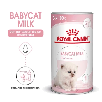 Royal Canin Babycat Milchkanister, mit einem niedlichen weißen Kätzchen, beschriftet für Kätzchen von 0-2 Monaten, mit Zubereitungsanweisungen.