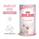 Royal Canin Babycat Milchkanister, mit einem niedlichen weißen Kätzchen, beschriftet für Kätzchen von 0-2 Monaten, mit Zubereitungsanweisungen.