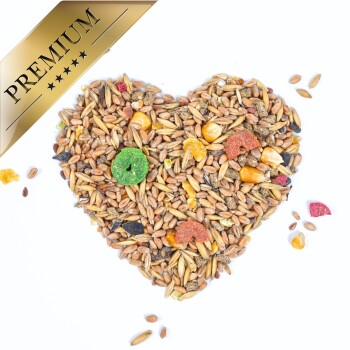 Herzförmige Anordnung verschiedener Samen und bunter Haustierfutterstücke, beschriftet mit "PREMIUM" in einem goldenen Banner.