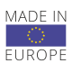 "Textgrafik mit der Aufschrift 'MADE IN EUROPE' auf einem blauen Hintergrund mit einem Kreis aus gelben Sternen, der die Europäische Union symbolisiert."