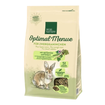 Granulés Real Nature Optimal Menue sans céréales pour lapins nains avec légumes et herbes, 51 ingrédients, sac de 1,5 kg.