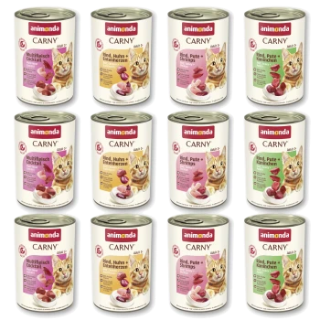 Zwölf Dosen Animonda CARNY Katzenfutter, Etiketten 'animonda' und 'CARNY', verschiedene deutsche Geschmackssorten erkennbar und ein Kätzchenbild.