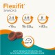 Verpackung von Flexifit Snacks mit empfohlenen Portionsgrößen: 2-4 Snacks für Hunde unter 15 kg, 4-8 für 15-30 kg und 8 für über 30 kg.
