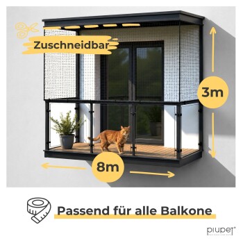 Eine Katze steht auf einem Balkon mit einem schwarzen Netzgehege, das 3 m hoch und 8 m breit ist, beschriftet mit 'Zuschneidbar' und 'Passend für alle Balkone.'