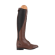 Hohe braune Reitstiefel mit einem schwarzen Lederpanel, mit einer Schnürung vorne und einer abgerundeten Zehe.