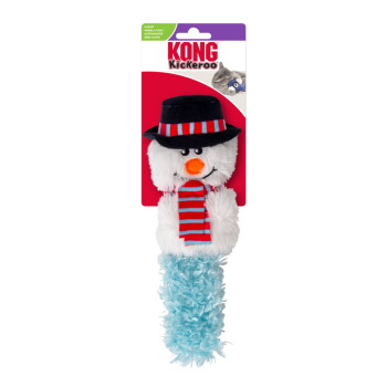 KONG Kickeroo catnip toy shaped like a snowman with black hat, red and blue scarf, and blue fuzzy body.