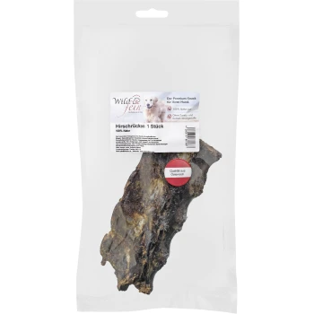 Ein verpacktes Hundeleckerli mit getrocknetem Wild, beschriftet mit "Hirschrücken 1 Stück," das als 100% natürlich und als Premium-Snack beworben wird.