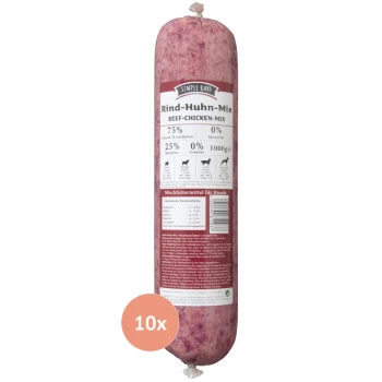 Rind-Hühnchen-Mix Haustierfutterrolle, 1000g, mit 75% Fleisch (Rind, Huhn), 25% Innereien und 0% Gemüse, gekennzeichnet für Hunde.