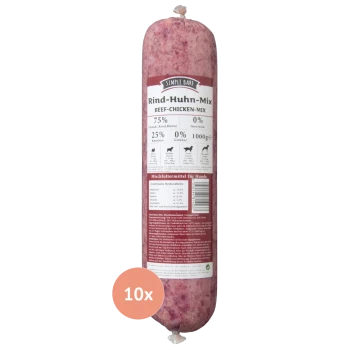 Rind-Hühnchen-Mix Haustierfutterrolle, 1000g, mit 75% Fleisch (Rind, Huhn), 25% Innereien und 0% Gemüse, gekennzeichnet für Hunde.