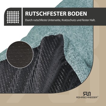 Nahaufnahme einer Haustiermatte mit einer strukturierten, rutschfesten Unterseite für Stabilität, mit deutschem Text, der den Kratzschutz und den Grip hervorhebt.