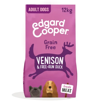 Purple dog food bag labeled "Edgard Cooper" for adult dogs, featuring "Grain Free" and "Venison & Free-Run Duck" prominently.
