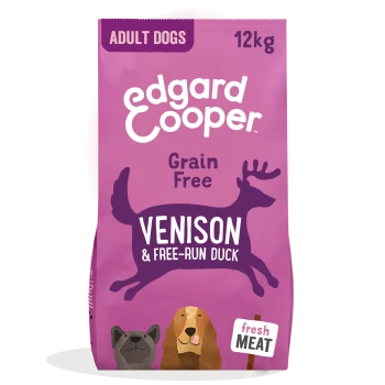 Purple dog food bag labeled "Edgard Cooper" for adult dogs, featuring "Grain Free" and "Venison & Free-Run Duck" prominently.