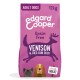 Purple dog food bag labeled "Edgard Cooper" for adult dogs, featuring "Grain Free" and "Venison & Free-Run Duck" prominently.