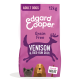Purple dog food bag labeled "Edgard Cooper" for adult dogs, featuring "Grain Free" and "Venison & Free-Run Duck" prominently.