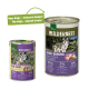 Zwei Dosen Tiernahrung: lila "PURE GOAT" und grün "WILDERNESS," beide 95% Fleisch, mit einer Sprechblase: "Neues Design - verbesserte Formel!"