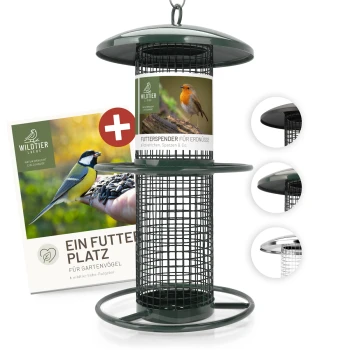 Grüner Metall-Vogelfutterspender mit der Aufschrift "FUTTERSPENDER FÜR ERDNÜSSE" mit Anleitung "EIN FUTTER PLATZ FÜR GARTENVÖGEL."