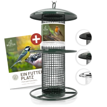 Grüner Metall-Vogelfutterspender mit der Aufschrift "FUTTERSPENDER FÜR ERDNÜSSE" mit Anleitung "EIN FUTTER PLATZ FÜR GARTENVÖGEL."
